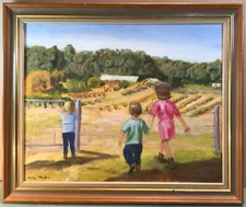 Signed Children Scene Framed Oil Painting