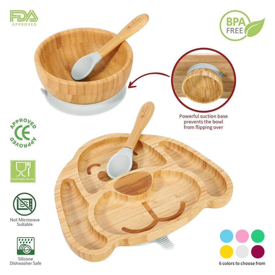 Vinsani Bamboo Dog Plate Bowl & Spoon Set Suction Bowl Stay-Put Design