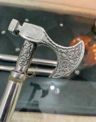 Vintage axe Head chrome full steel Cane Walking Stick Brass Handle Christms gift