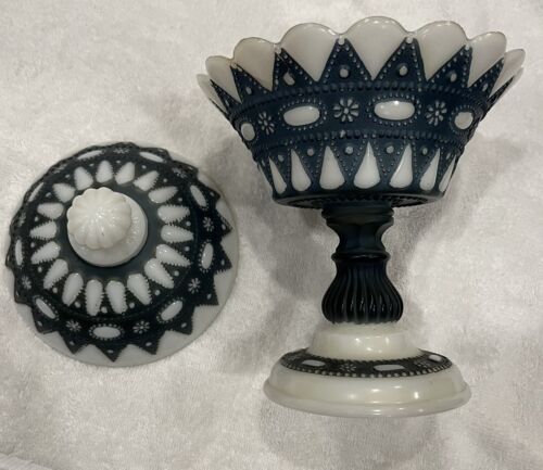 Vintage Phoenix Glass White Milk Glass Cobalt Lacy Dew Drop Compote Bowl / Lid - Picture 3 of 10