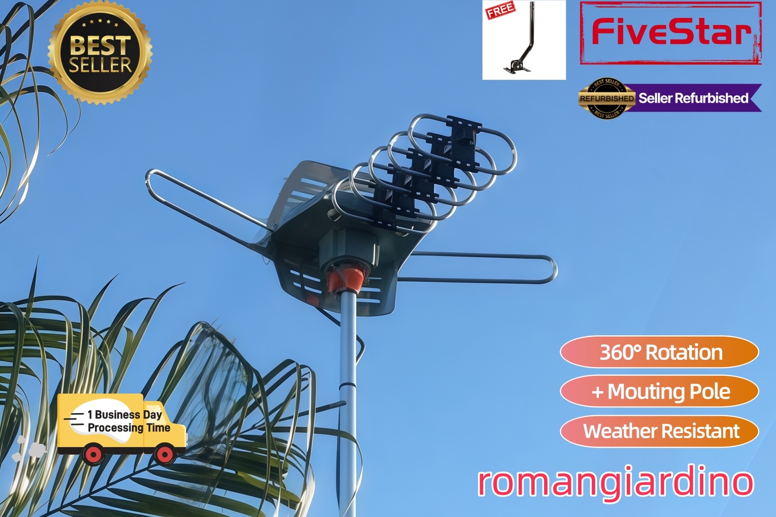 Hot Deal Outdoor TV Antenna Pole Motorized Amplified HDTV 1080P 4K 360° Rotation