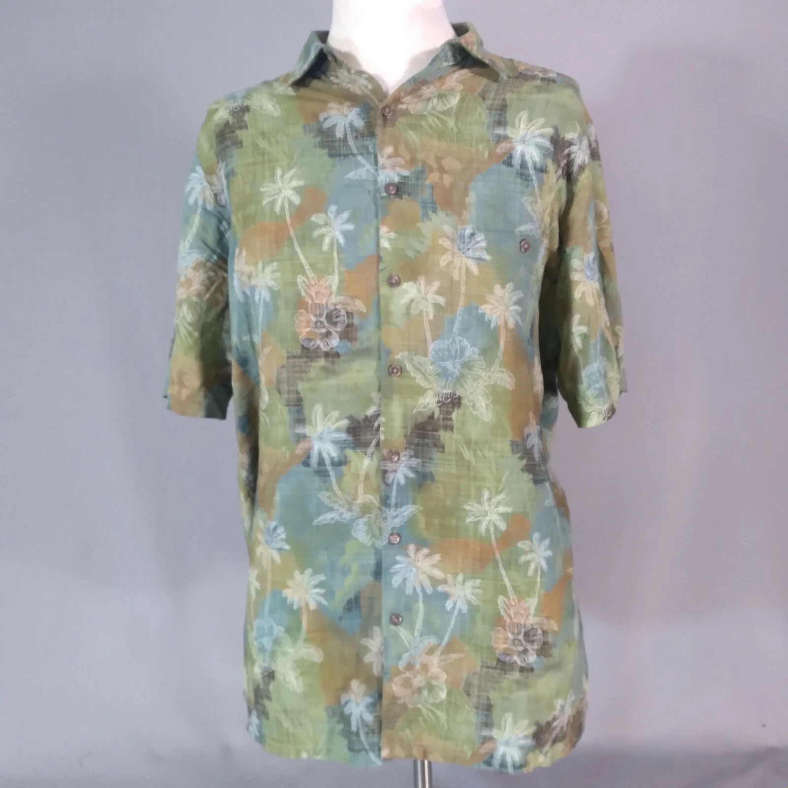 Batik Bay shirt men's large green floral Hawaiian Camp Lounge Kiki