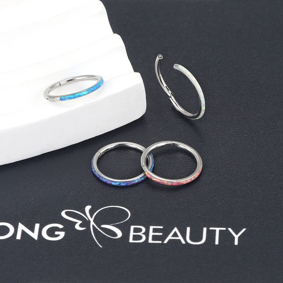 1件装外科钢质Septum戒指蛋白石鼻环环环铰边点击耳环16G — 第 2/4 张图片