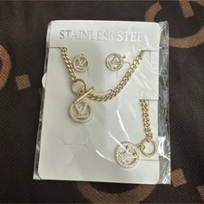 Gold Stainless Steel Jewelry Set Earrings Bracelet Necklace Fashion