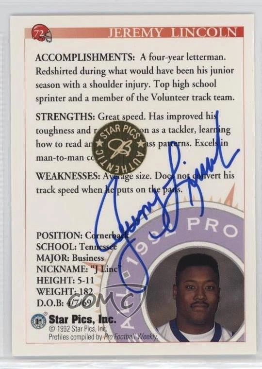 1992 Star Pics Auto Jeremy Lincoln #72 Rookie Auto RC - Image 2 of 2
