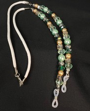 Handmade Eyeglass Chain: Crystal Glass Beads, Green, Tan