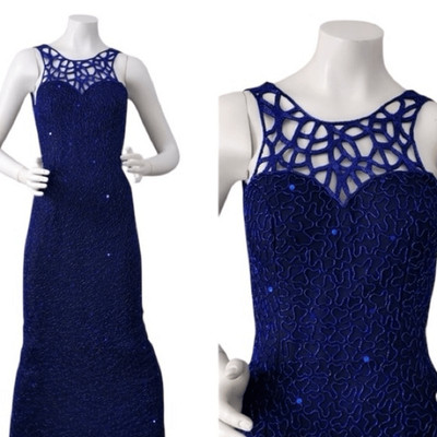 Vintage women s SCALA blue SILK  Beaded Art Deco Sleeveless maxi gown dress xxl