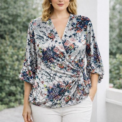 Maeve Faux Wrap Floral Crop Blouse Women XS Preppy Romantic Velvet Burnout Top