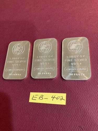 3 ENGELHARD 1 OZ. .999 FINE SILVER BARS BIG E