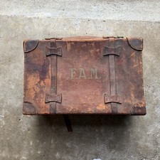 Large Antique Travel Suitcase, English, Leather, Shipping Trunk Flaws