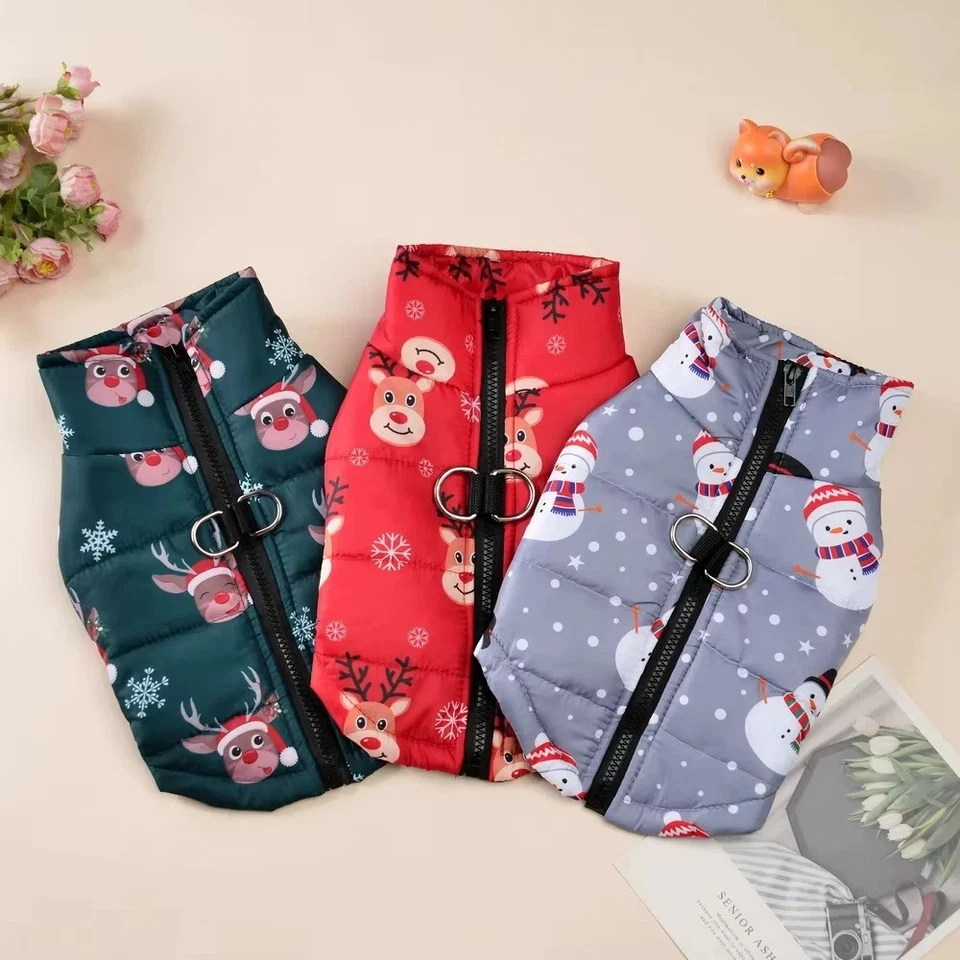 Christmas Dog Coat Deer Print Outfit w/ D-Ring Warm Jacket for Small Medium Pets