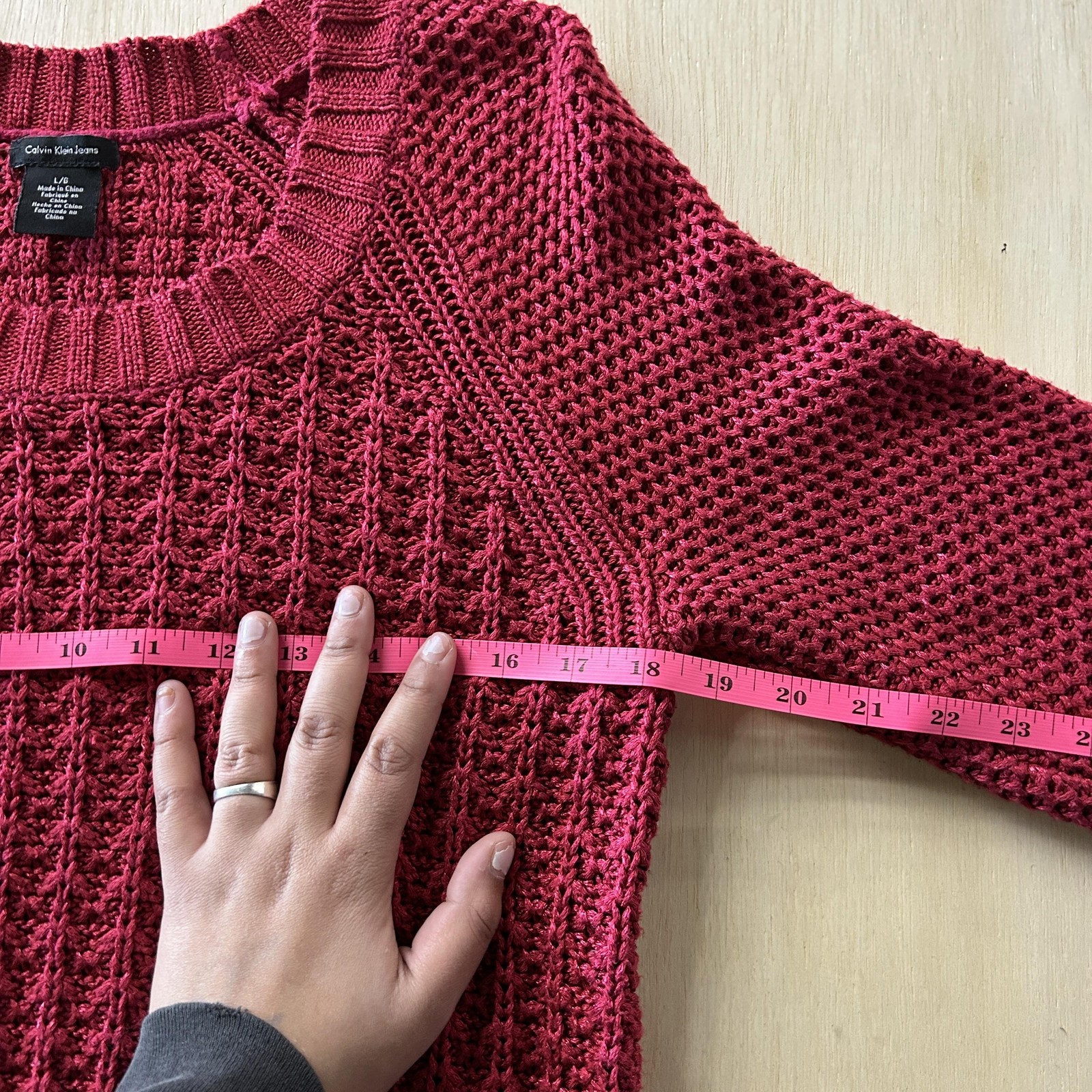 Calvin Klein Jeans Sweater Womens Large Red Open Knit Raglan Crew Pullover thumbnail 6