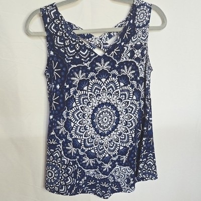 Westport Floral Textured Mandala Tank Top, Coastal Boho, Blue and White,  XS