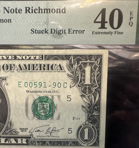 🤯 1974 $1 FRN E/C BLOCK ( RICHMOND “E” ) Stuck Digit Error / PMG 40 EPQ