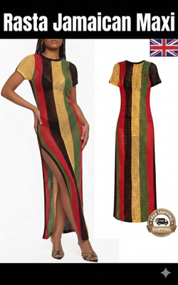 Damen-Maxikleid Rasta Streifen Netz 100 % Baumwolle Reggae jamaikanisch Beach Club LXL