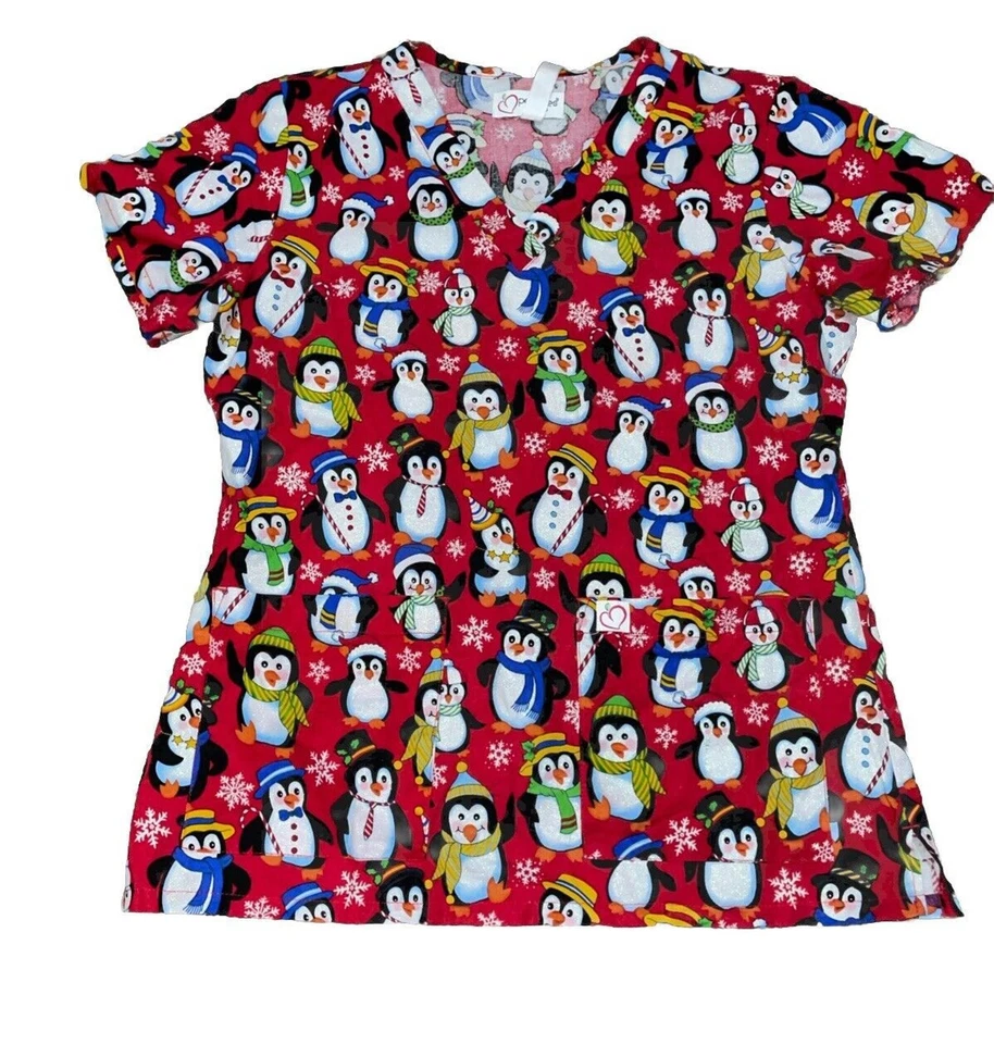 Peaches Uniforms Women’s Scrub Top Penguins Glittery Red White Sz Small - Image 2 of 4