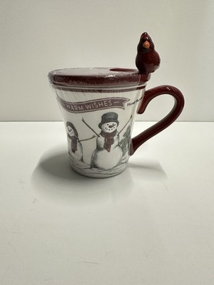 St Nicholas Square Yuletide Snowman Mug w Lid Cardinal Christmas Cup 