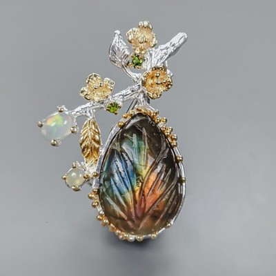 Handmade 16 ct+ Natural Labradorite Brooch 925 Sterling Silver  /NB29909