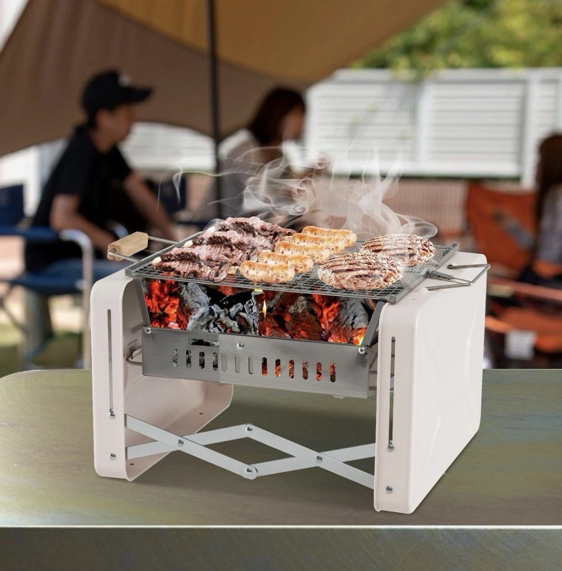 Outdoor Charcoal Grill w/ 2 Stainless Steel Grill Nets Charcoal Box for Camping