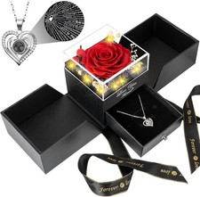Preserved Real Rose Box Eternal Rose Flower With Necklace Red Rose Gift Box NEW