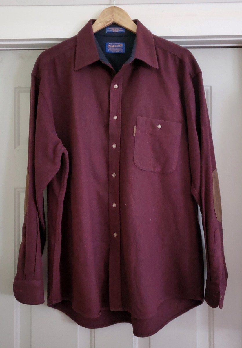 Vintage Pendleton Mills Dark Red 100% Wool Field Shirt Suede Elbow 
