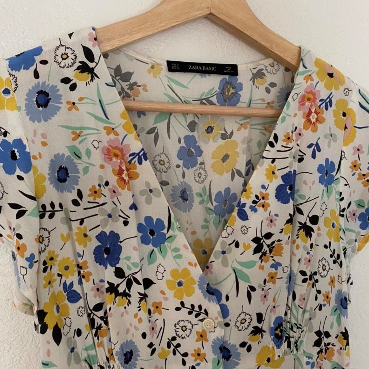 Zara Basic White Floral Deep V Button Down Dress … - image 2