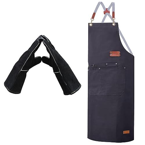 ETLEE Guanti da barbecue resistenti al calore 300 °C in pelle + grembiule da bar