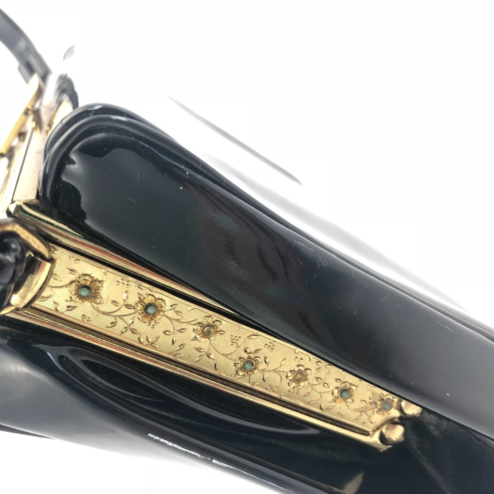 Vintage Evening Bag Black Vinyl Bejeweled Gold Frame W Change Purse After Five - Image 4 of 4