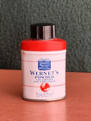Vtg. Wernet's Powder for False Teeth Free Sample USA ADA Tin Bottle Almost Full