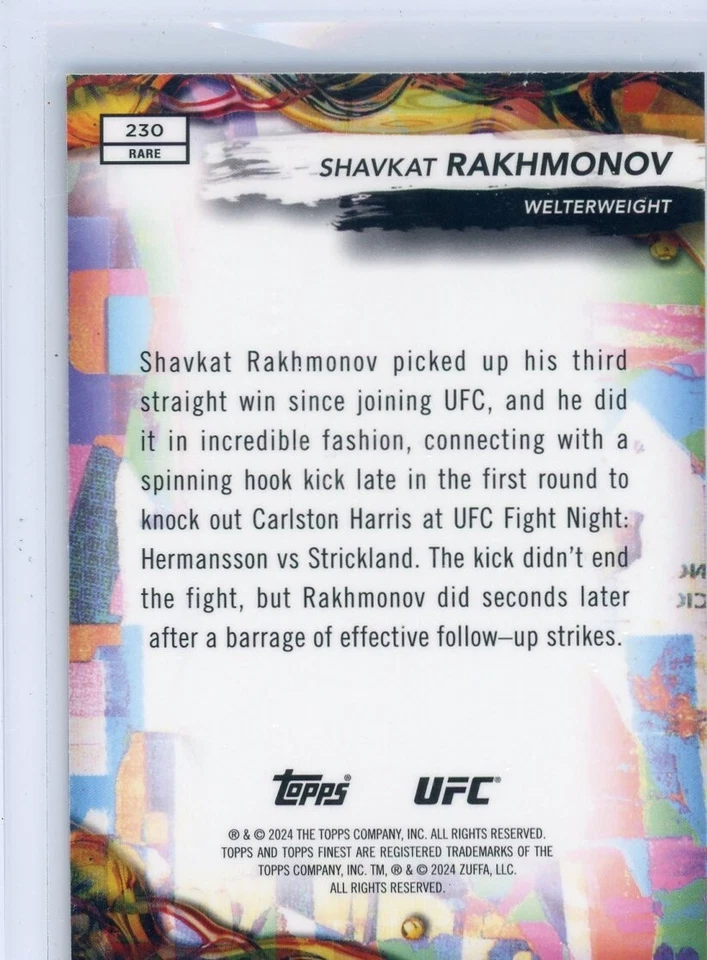 2024 Topps Finest Aqua Shimmer Rare SHAVKAT RAKHMONOV No. 230! - Image 2 of 2