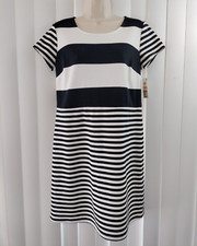 Maison Jules Women's Small Black Striped A-Line Knee Length Poly Bld Knit Dress