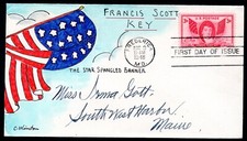 US 1948 HAND-DRAWN CACHET BY C. WINSTON SC. #962 FDC STAR-SPANGLED BANNER