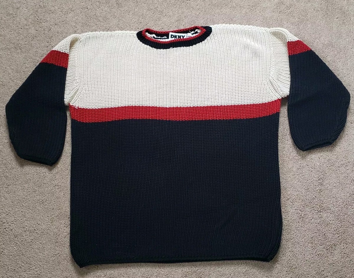 Vintage 80s DKNY Colorblock Knit Sweater Cream Red Black Women