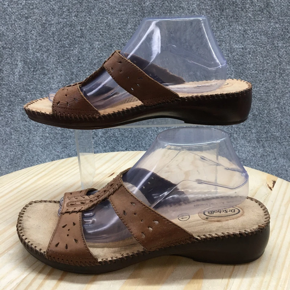 Sandalia Dr. Scholl's para mujer 11 marrón Dolly II punta abierta cuña deslizable cuero informal Foto 2 de 4