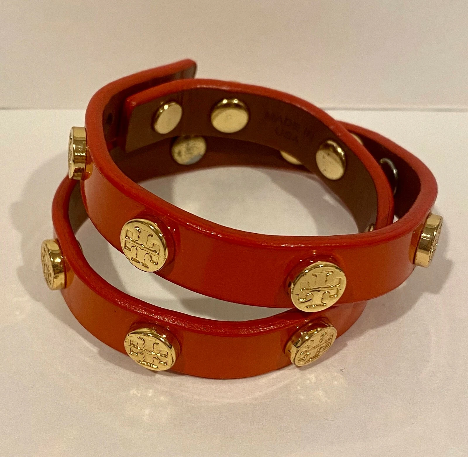 Bracciale Tory Burch Donna Arancione Doppio Involucro Logo Borchie in Pelle