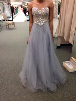 david's bridal silver prom dress David's Bridal Preowned Cinderella Gown Prom Dress (XS) Tailored