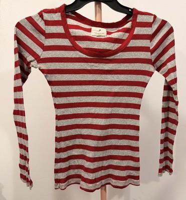 Forever 21 Women s L Red/Gray Striped Scoop Neck Long Sleeve Knit Top