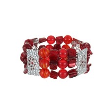 Gemstone Bead Stretch Bracelet With Engraved Silver Metal, Womens Dainty Layered