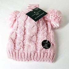 LAURA ASHLEY NWT baby PINK cable knit POM POM hat  mittens SET 12-24 M Infants