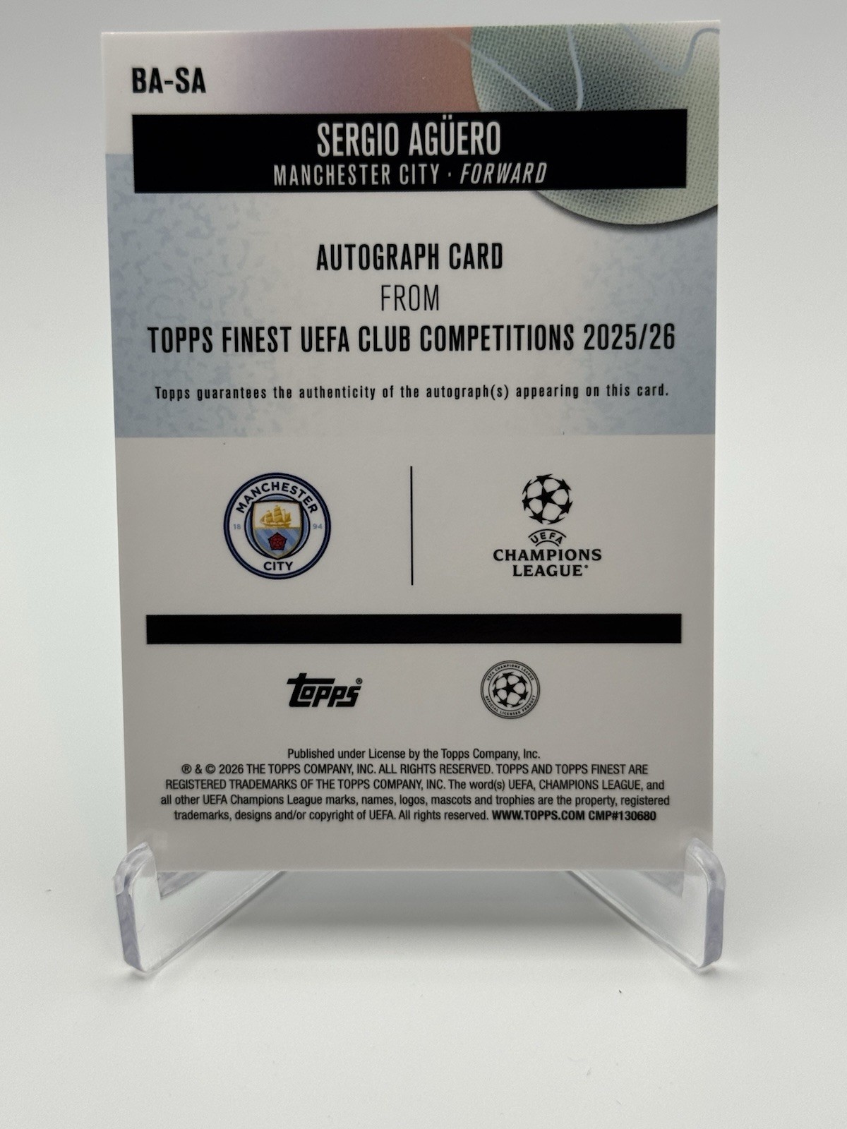 2025-26 Topps Finest Club Competition Sergio Aguero Auto Purple Refractor /75 view 2