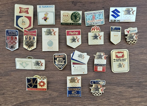 20 LA 1984 Olympics Pins Corporate Sponsors Sanyo, Bud, P&G, Rawlings, GMC, more