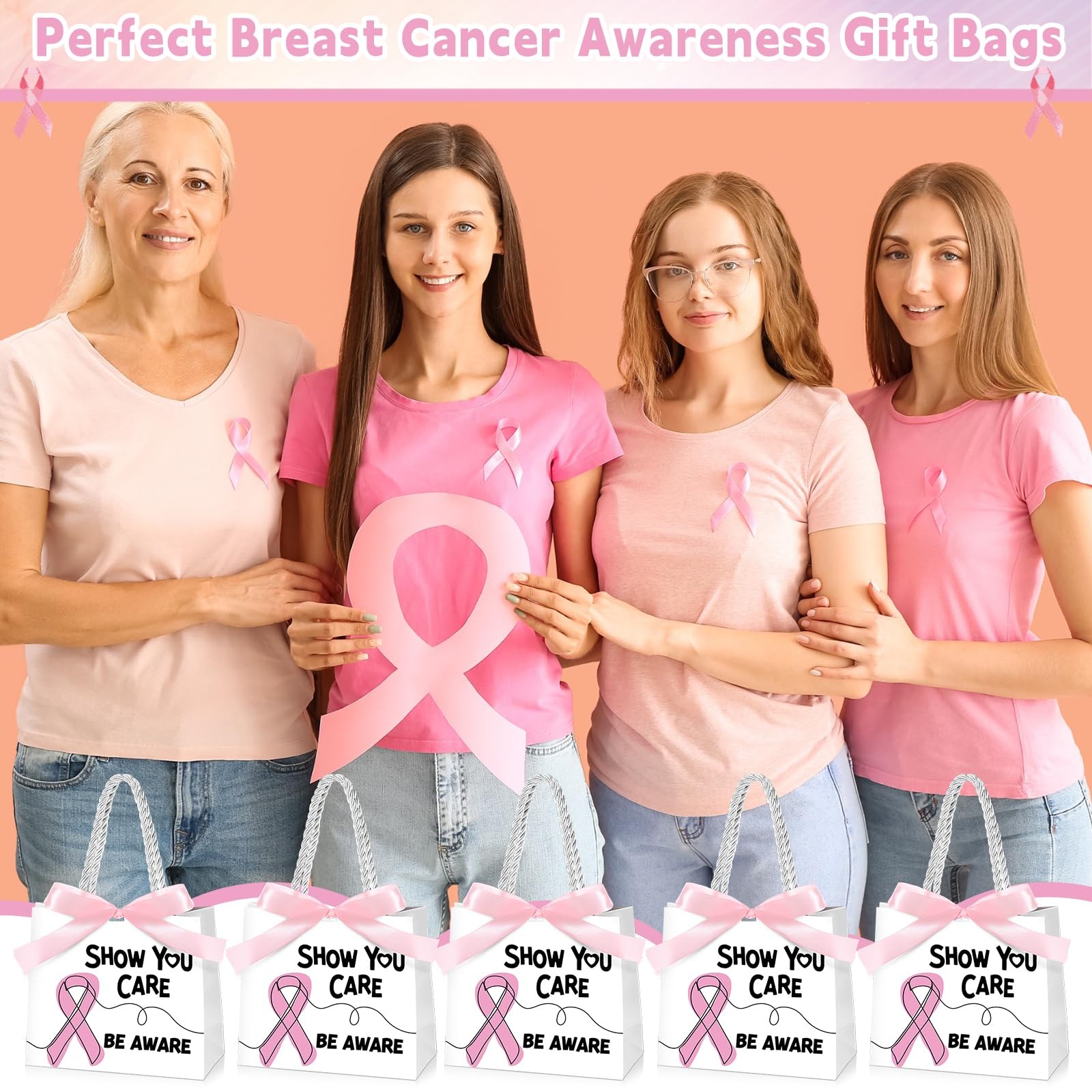 Weekgrat 25 Pack Breast Cancer Awareness Gift Bags Pink Ribbon 5.51x2.36x4.72in