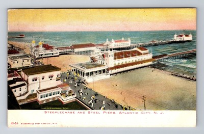 Atlantic City NJ-New Jersey, Steeplechase And Steel Piers, Vintage Postcard