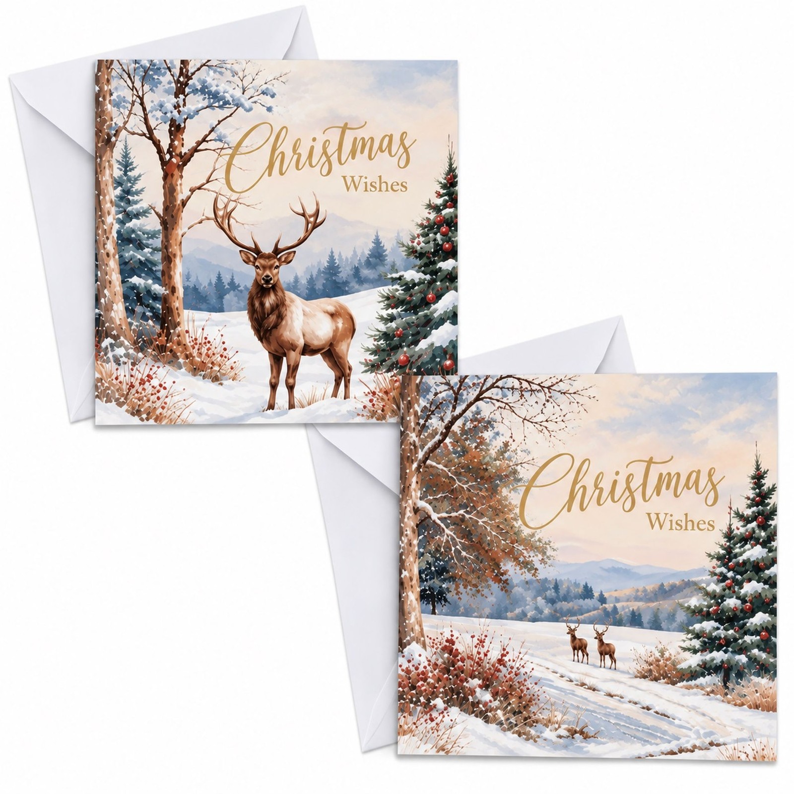 24 Christmas Cards With Envelopes Traditional Stag Reindeer Scene 2 Deigns 14cm