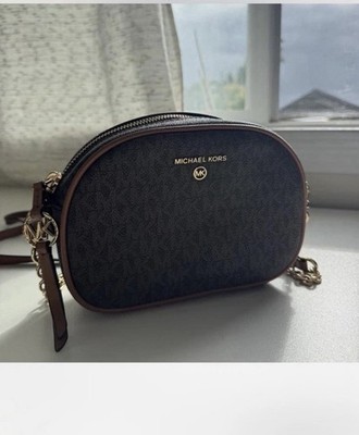 Michael Kors Jet Set Charm Small Oval Crossbody Bag Brown Logo Chain Strap