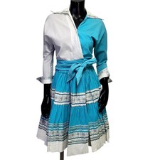Vintage 70s Blue White Crinkle Cotton Skirt Wrap Top Set Boho Folk Square Dance