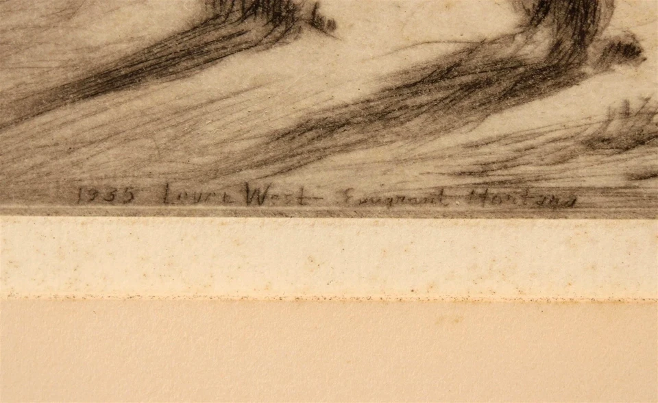 古董蒙塔纳牛仔/野马限量版蚀刻 1935 Levon West "Wrangling" — 第 4/4 张图片