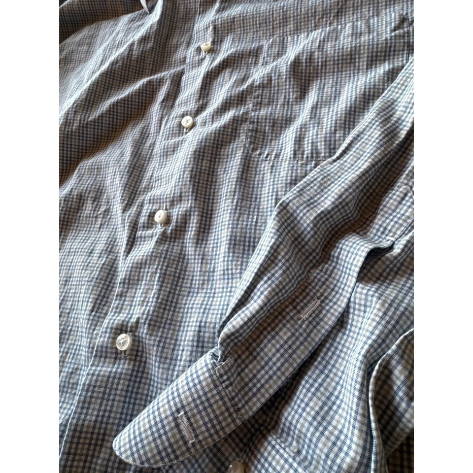 Luigi Borrelli 意大利制造 16.5 100% 棉蓝色和棕褐色格子礼服衬衫 — 第 4/4 张图片