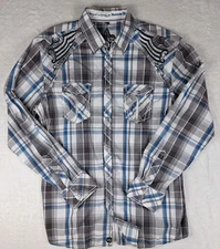 Roar Buckle Embroidered Stitch Western Long Sleeve Mens Shirt XL Gray Plaid