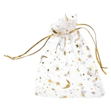 50 Pcs Organza Bag 3.5"x5" Sheer Moon Star Mesh Bags Drawstring White-Gold